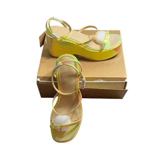UO Nora Strappy Yellow Iridescent Wedge Sandals Size 10 - Picture 15 of 16